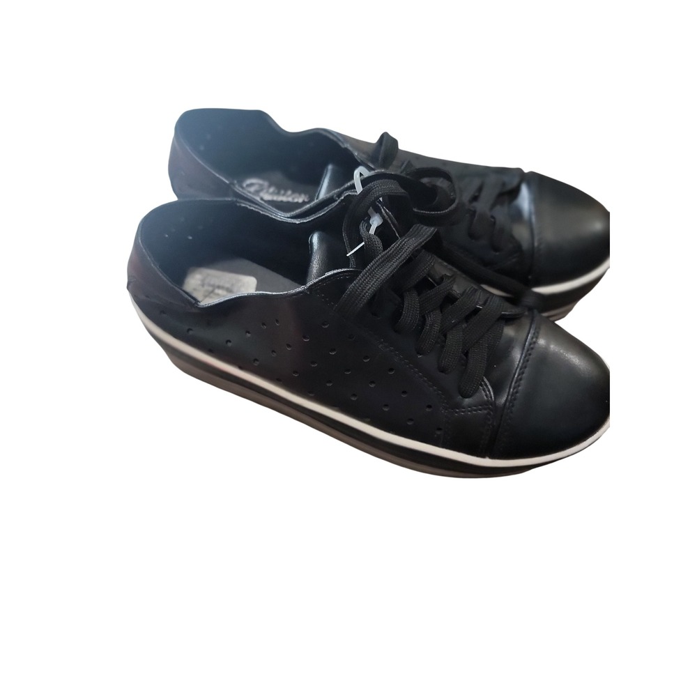 Irene-05 Black Faux Leather Platform Sneakers Striped Sole Womens 7.5 - Picture 3 of 5
